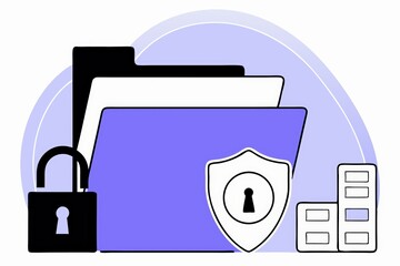Poster - A digital illustration showing folders, a padlock, and a shield symbolizing data security and protection.