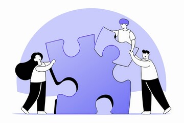 Poster - Three people collaborating to fit a large puzzle piece together, symbolizing teamwork and problem-solving in a creative environment.