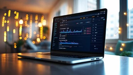 Poster - Modern workspace with a laptop displaying analytics against a backdrop of soft lighting