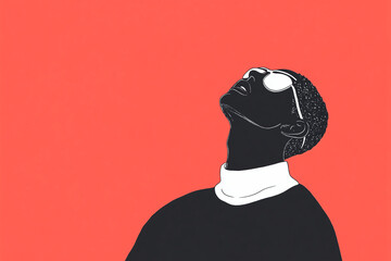 Poster - Stargazer Silhouette: A stylized illustration of a person looking up with glasses and a turtleneck, set against a vibrant red background.