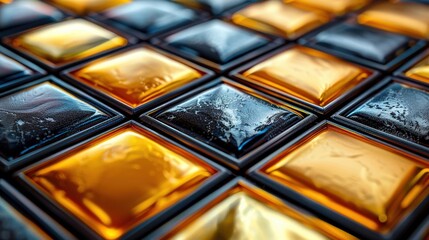 Poster - A top down view reveals a pyramid-like structure formed by metallic cubes. Glossy black and gold accents shine under soft lighting creating a stunning visual display of depth and reflection.