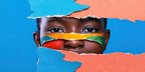 Poster - Close-up Portrait of Face Partially Concealed by Torn Colored Paper