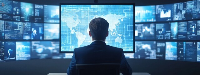 Poster - business professional analyzing data on large multiple displays