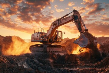 Excavator on sunset. Open-pit mining. Backhoe dig ground in quarry. Neural network ai generated