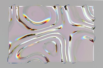 Poster - Abstract 3D artwork with a wavy, glass-like surface featuring iridescent, rainbow reflections. The design resembles fluid, dynamic patterns and light refraction.
