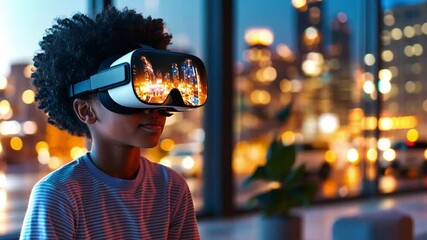 Poster - Child exploring futuristic virtual reality experiences in urban setting at night