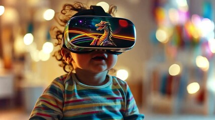 Poster - Child exploring virtual reality with colorful graphics in a cozy indoor setting