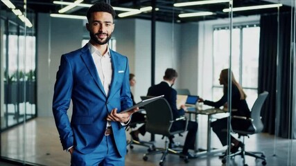 Poster - Business meeting in a modern office with confident professional holding a tablet