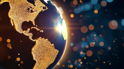 Poster - Golden planet flowing rotating with data cyberspace and connecting america in digital earth video 4k