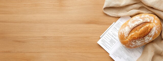 Poster - freshly baked bread on wooden table with recipes and cloth aesthetic