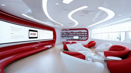 Poster - Modern lounge designed for collaboration featuring sleek red and white furniture and multimedia displays