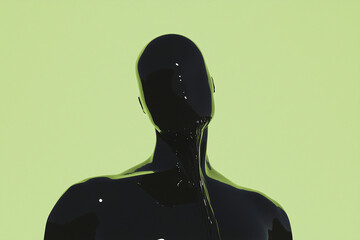 Poster - Enigmatic Form: A sleek, faceless figure, rendered in reflective black, stands against a vibrant, soft-toned backdrop, evoking a sense of mystery and modern minimalism.