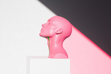 Poster - Pink Head Statue: A close-up shot showcases a pink head sculpture against a backdrop of shadows and light, it evokes a sense of mystery and contemplation.