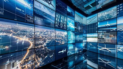 Poster - Discover a modern simulation center with large screens displaying aircraft data and real-time air traffic analysis in a high-tech setting
