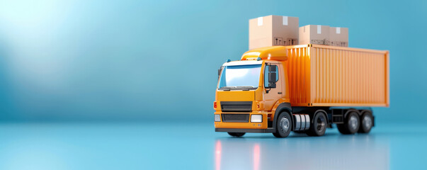 Poster - orange delivery truck with container and cardboard boxes on top is set against blue background, symbolizing logistics and supply chain operations