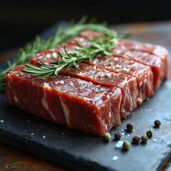 Poster - Fresh raw beef steak slices on slate board with rosemary and peppercorns, ready for cooking. marbled texture and seasoning enhance visual appeal of meat