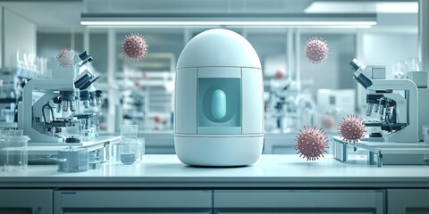 Poster - Innovative laboratory setup showcasing advanced biotechnology with robots and viruses