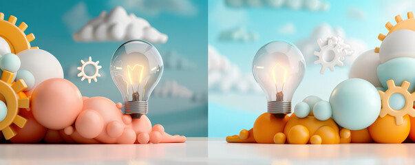 Poster - modern digital transformation concept is depicted with minimal 3D render featuring light bulbs surrounded by colorful gears and clouds, symbolizing innovation and creativity