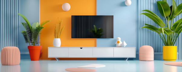 Poster - modern living room with flat screen TV on vibrant orange and blue wall, surrounded by stylish plants and minimalist furniture, creating fresh and inviting atmosphere