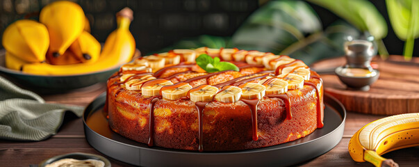 Aufkleber - moist banana cake with caramel drizzle is beautifully presented on dark plate, surrounded by fresh bananas and green leaves, creating warm and inviting atmosphere