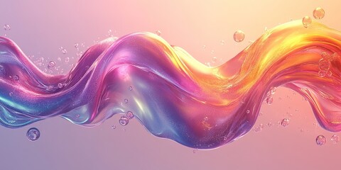 Poster - Colorful liquid wave flowing gracefully in vibrant hues with bubbles rising in a dreamy setting during twilight