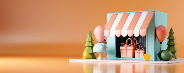 Poster - whimsical storefront display with gift boxes, balloons, and trees on orange background