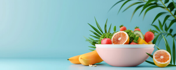 Poster - vibrant bowl of fresh fruits including bananas, strawberries, and citrus, surrounded by green leaves, set against soft blue background