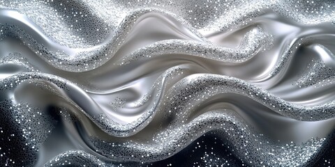 Poster - shimmering silver fabric with flowing textures and sparkling details illuminated by soft light