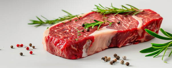 Poster - premium steak with marbling is garnished with fresh rosemary and peppercorns on white surface, showcasing minimal and appetizing presentation