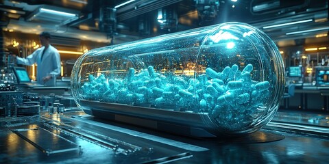 Poster - Advanced laboratory environment showcasing futuristic capsules filled with biotechnological substances, created for innovative experiments