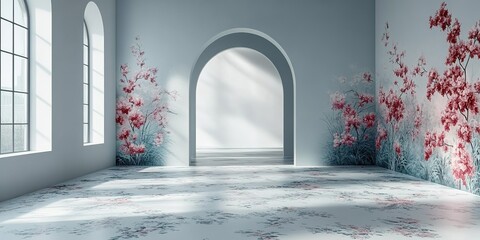 Poster - Elegant interior design featuring floral murals and natural light in a spacious room
