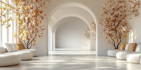 Poster - elegant minimalist interior featuring decorative trees in a spacious, sunlit atmosphere with soft se