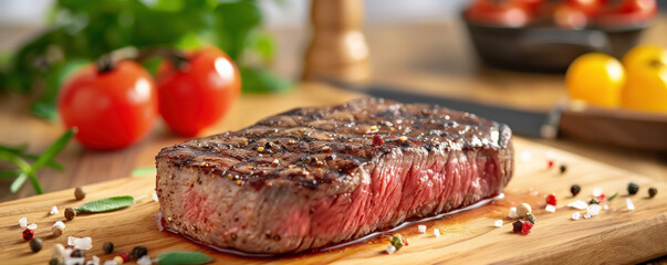Poster - juicy, perfectly cooked steak seasoned with herbs and spices sits on wooden board, surrounded by fresh tomatoes and peppercorns, creating mouthwatering scene