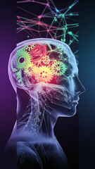 Poster - Abstract digital illustration of human head with gears inside, representing intellect, innovation, and complex thought processes