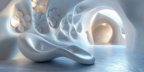 Poster - Modern sculptural lounge in a flowing white interior with floral accents