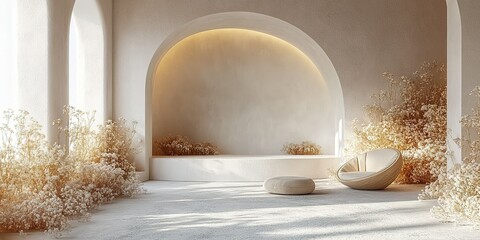 Poster - Modern minimalist interior design with soft lighting and floral accents in a serene space