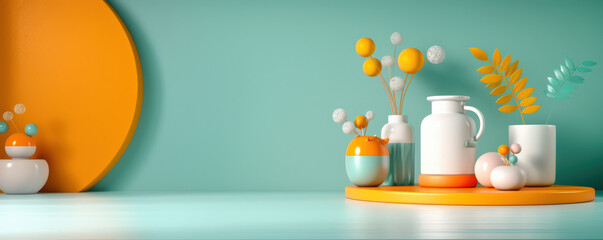 Aufkleber - modern still life composition with colorful vases and abstract decor against teal background, featuring orange and white accents. arrangement includes geometric shapes and vibrant foliage