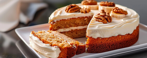 Poster - delicious banana cake topped with walnuts and creamy frosting is sliced and served on white plate, showcasing its moist texture and inviting appearance