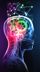 Poster - Translucent head profile with colorful gears and network, symbolizing intellect, creativity, and interconnectedness.  Abstract design, ideal for tech or neuroscience concepts