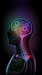 Poster - Profile view of human head and torso, gears and circuits inside brain, colorful lines extending to body, representing neural network or AI concept