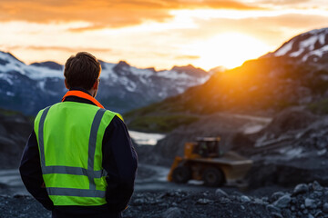 Aufkleber - Dedicated miner overlooking sunset at a mining site Generative AI