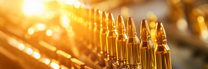 Poster - Bullets arranged on an assembly line in a factory setting Generative AI