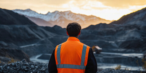 Aufkleber - Dedicated miner observes the landscape at sunset Generative AI