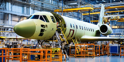 Poster - Airplane assembly process in aerospace facility Generative AI