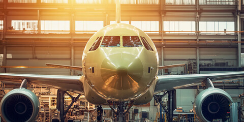 Aufkleber - Airplane assembly at aerospace facility during sunset Generative AI