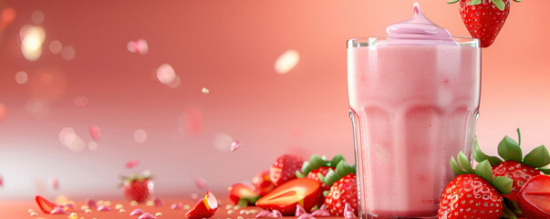 Poster - refreshing strawberry protein shake in glass surrounded by fresh strawberries and petals, set against vibrant pink background, creating lively and appetizing scene