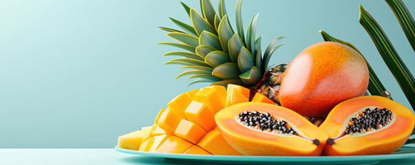 Aufkleber - vibrant tropical fruit platter featuring sliced mango, pineapple, and papaya turquoise plate, set against light blue background. fruits are fresh and colorful, evoking sense of summer and tropical