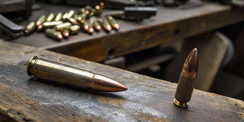 Poster - Historical bullet on workbench in craftsman workshop Generative AI