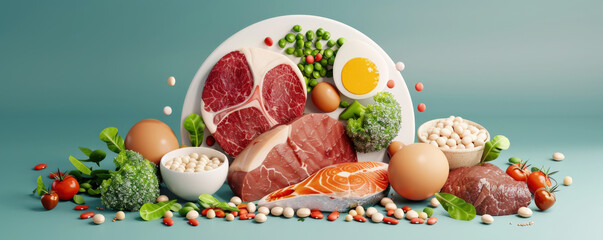 Poster - variety of high protein foods including meat, fish, eggs, and legumes are artfully arranged plate, surrounded by fresh vegetables like broccoli and tomatoes, creating balanced and nutritious