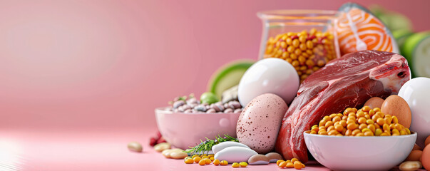 Poster - variety of high protein foods including meat, fish, eggs, and legumes are displayed on pink background, showcasing healthy and nutritious diet